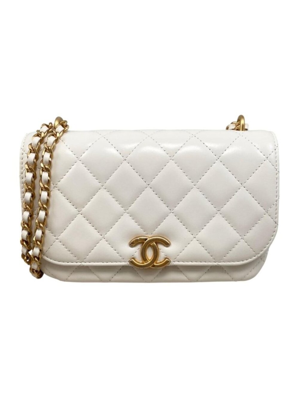 Chanel Shoulder Bag Flap Foncase Quilted Lambskin CC Logo White Gold